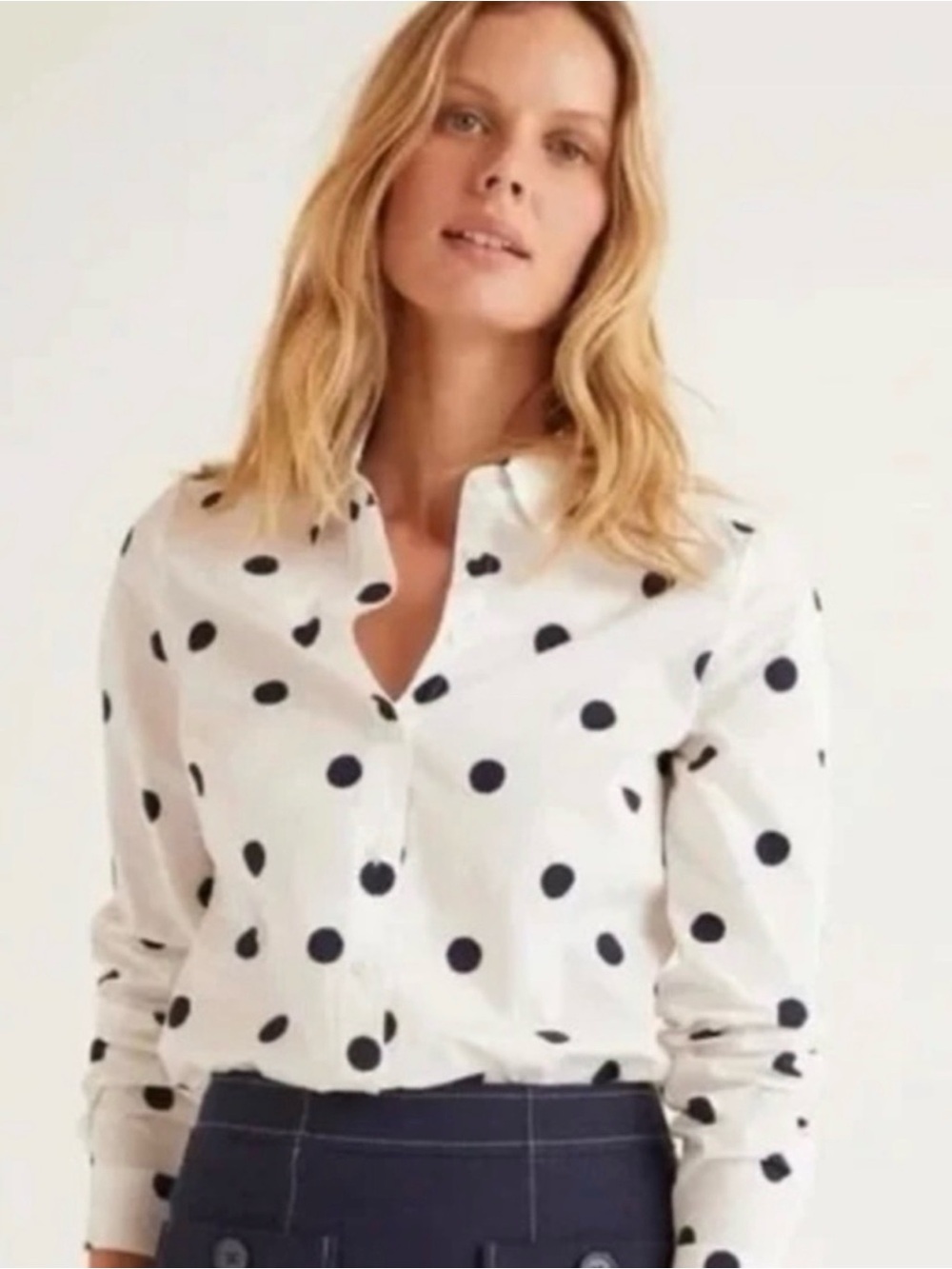 Boden White Button-Down Shirt with Black Polka Dots